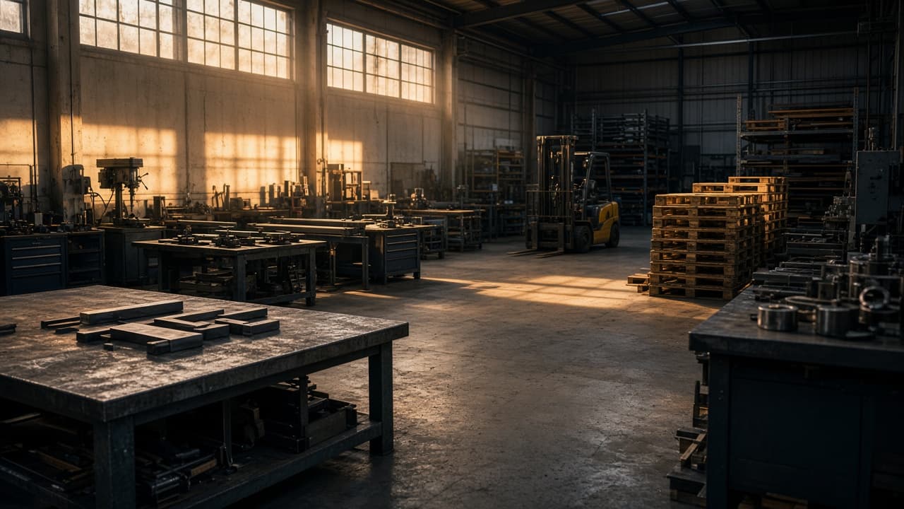 Quiet Australian workshop with benches, pallets and a forklift in late afternoon light.