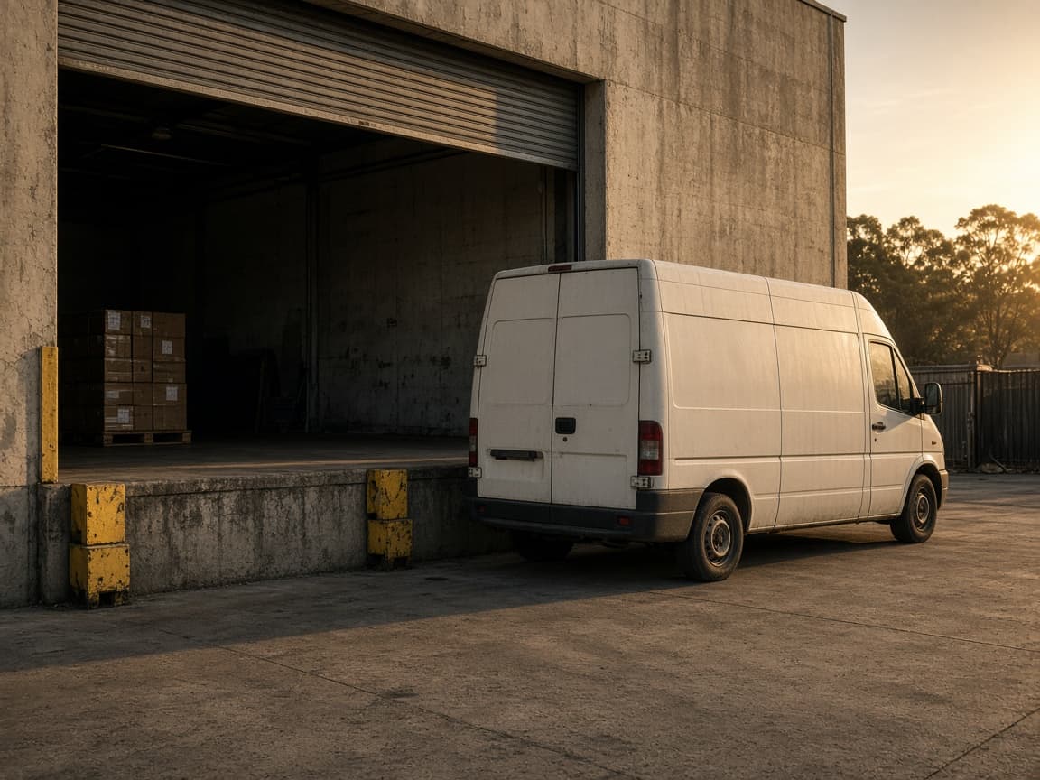 Loading dock and concrete apron, a common setting for workplace incidents involving vehicles.