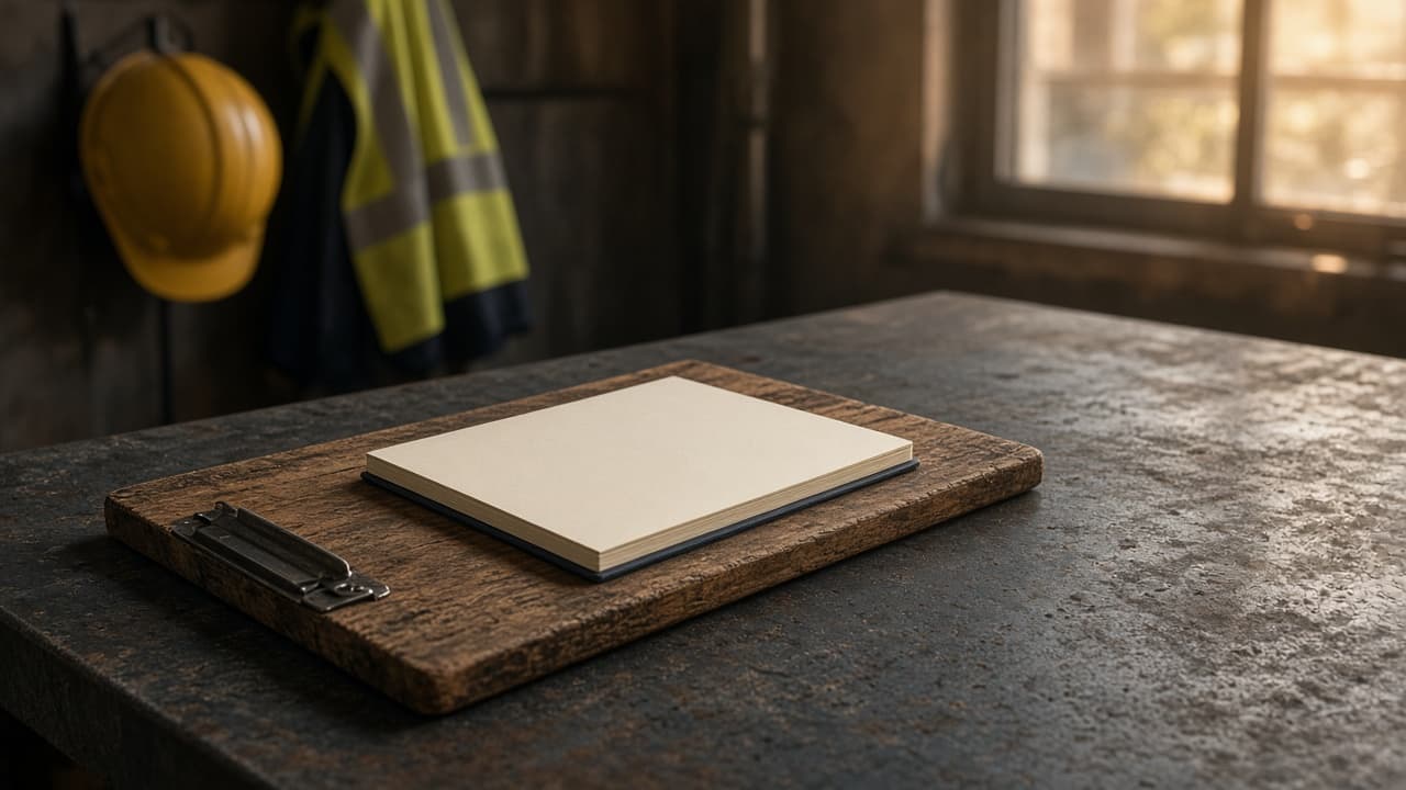 Notebook and clipboard on a workshop bench, ready for a safety review.