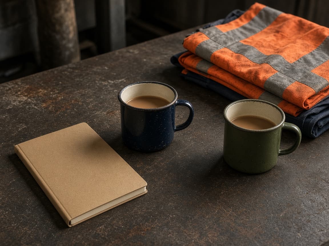 Workshop bench with enamel mugs, a notebook and a folded high-vis vest, suggesting a toolbox talk.