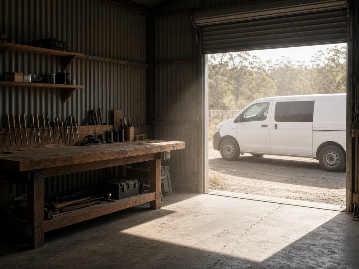 Open roller door of an Australian trade workshop, looking out to a utility van.