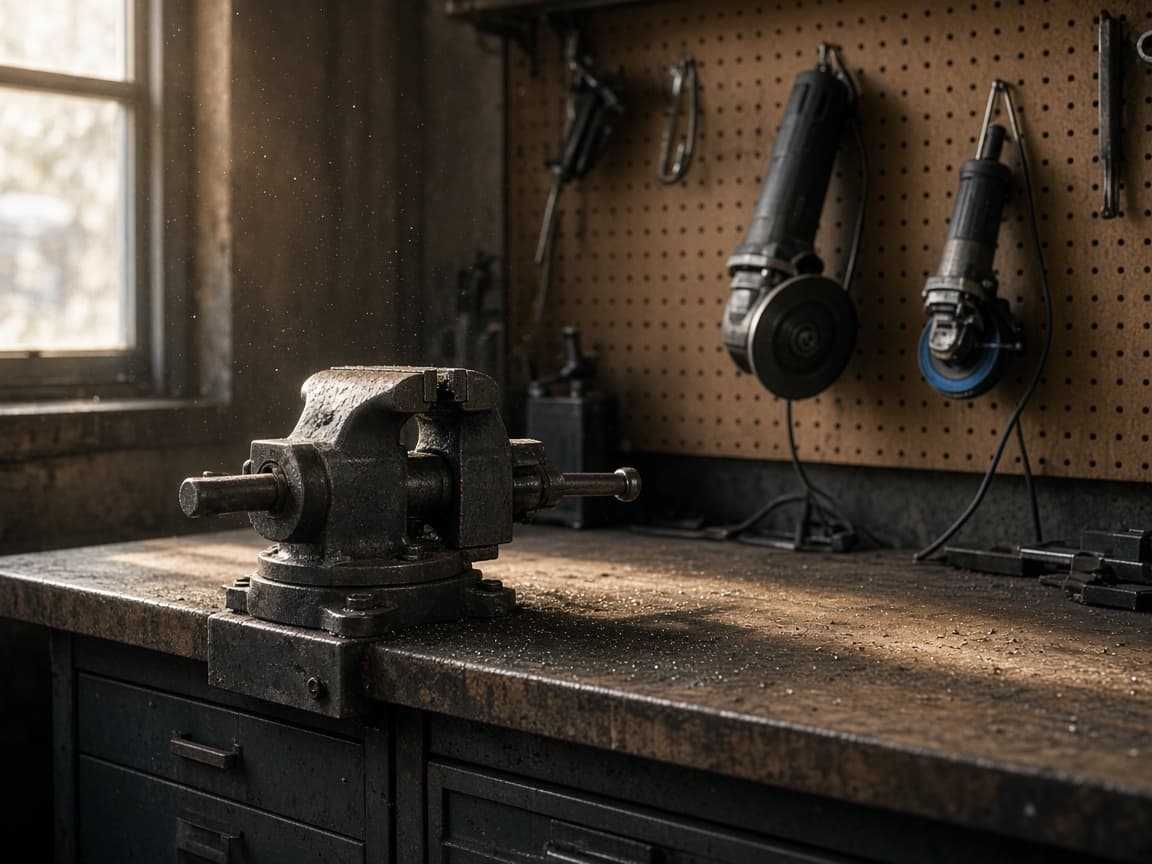 Steel vice and tools on a timber workshop bench in late Australian sunlight.